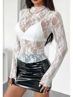 Outlet Women's Lace Shirt Blouse Plain Stylish Modern Long Sleeve Crew Neck Regular Tops Daily Holiday Going out Lace Black White Pink Red Summer Women Lace Tops