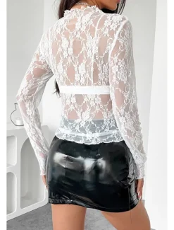 Outlet Women's Lace Shirt Blouse Plain Stylish Modern Long Sleeve Crew Neck Regular Tops Daily Holiday Going out Lace Black White Pink Red Summer Women Lace Tops