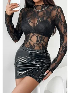Outlet Women's Lace Shirt Blouse Plain Stylish Modern Long Sleeve Crew Neck Regular Tops Daily Holiday Going out Lace Black White Pink Red Summer Women Lace Tops