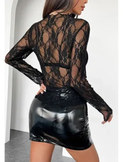 Outlet Women's Lace Shirt Blouse Plain Stylish Modern Long Sleeve Crew Neck Regular Tops Daily Holiday Going out Lace Black White Pink Red Summer Women Lace Tops