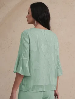Sale Women's Lace Shirt Blouse Dressy Tops Chiffon Tops Solid Color Flower Elegant Stylish Basic 3/4 Length Sleeve Bell Sleeve Boat Neck Regular Tops Wedding Guest Work Daily Cut Out Asymmetric Hem Sage Women Lace Tops