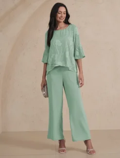Sale Women's Lace Shirt Blouse Dressy Tops Chiffon Tops Solid Color Flower Elegant Stylish Basic 3/4 Length Sleeve Bell Sleeve Boat Neck Regular Tops Wedding Guest Work Daily Cut Out Asymmetric Hem Sage Women Lace Tops