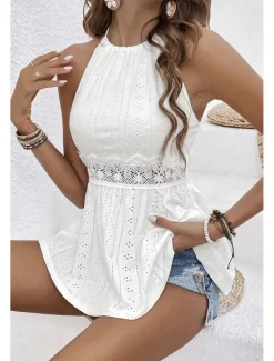 Sale Women's Lace Shirt Blouse Plain Modern Casual Sleeveless Crew Neck Regular Tops Daily Holiday Lace Summer Women Lace Tops