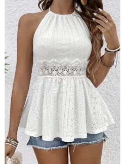 Sale Women's Lace Shirt Blouse Plain Modern Casual Sleeveless Crew Neck Regular Tops Daily Holiday Lace Summer Women Lace Tops