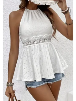 Sale Women's Lace Shirt Blouse Plain Modern Casual Sleeveless Crew Neck Regular Tops Daily Holiday Lace Summer Women Lace Tops