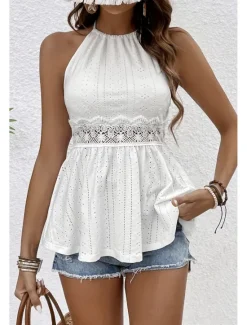 Sale Women's Lace Shirt Blouse Plain Modern Casual Sleeveless Crew Neck Regular Tops Daily Holiday Lace Summer Women Lace Tops