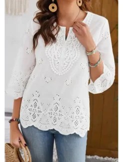 Discount Women's Lace Shirt Blouse Plain Modern Casual 3/4 Length Sleeve V Neck Regular Tops Holiday Going out Lace Black White Summer Women Lace Tops
