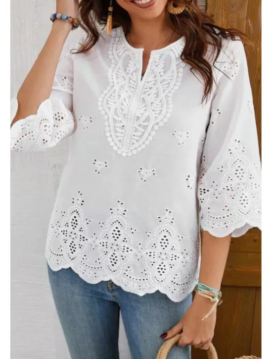 Discount Women's Lace Shirt Blouse Plain Modern Casual 3/4 Length Sleeve V Neck Regular Tops Holiday Going out Lace Black White Summer Women Lace Tops