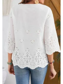 Discount Women's Lace Shirt Blouse Plain Modern Casual 3/4 Length Sleeve V Neck Regular Tops Holiday Going out Lace Black White Summer Women Lace Tops