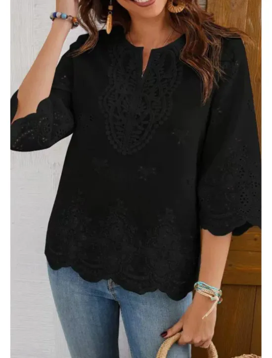 Discount Women's Lace Shirt Blouse Plain Modern Casual 3/4 Length Sleeve V Neck Regular Tops Holiday Going out Lace Black White Summer Women Lace Tops