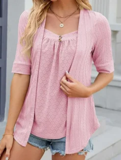 Hot Women's Lace Shirt Dressy Tops Short Sleeve Crew Neck Going out Lace White Pink Fuchsia Green Summer Women Lace Tops