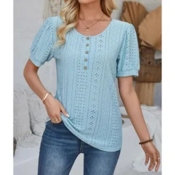 Sale Women's Lace Shirt Elegant Daily Ladies Short Sleeve Crew Neck Vacation Daily Going out Lace Buttons White Pink Blue Purple Summer Spring Fall Women Lace Tops