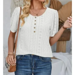 Sale Women's Lace Shirt Elegant Daily Ladies Short Sleeve Crew Neck Vacation Daily Going out Lace Buttons White Pink Blue Purple Summer Spring Fall Women Lace Tops