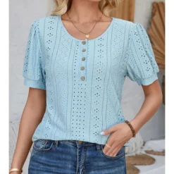 Sale Women's Lace Shirt Elegant Daily Ladies Short Sleeve Crew Neck Vacation Daily Going out Lace Buttons White Pink Blue Purple Summer Spring Fall Women Lace Tops