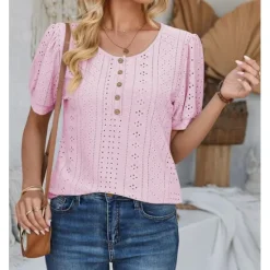 Sale Women's Lace Shirt Elegant Daily Ladies Short Sleeve Crew Neck Vacation Daily Going out Lace Buttons White Pink Blue Purple Summer Spring Fall Women Lace Tops