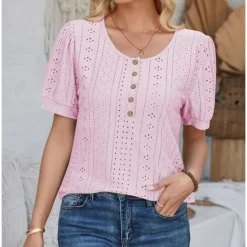 Sale Women's Lace Shirt Elegant Daily Ladies Short Sleeve Crew Neck Vacation Daily Going out Lace Buttons White Pink Blue Purple Summer Spring Fall Women Lace Tops