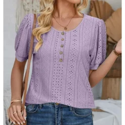 Sale Women's Lace Shirt Elegant Daily Ladies Short Sleeve Crew Neck Vacation Daily Going out Lace Buttons White Pink Blue Purple Summer Spring Fall Women Lace Tops