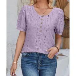 Sale Women's Lace Shirt Elegant Daily Ladies Short Sleeve Crew Neck Vacation Daily Going out Lace Buttons White Pink Blue Purple Summer Spring Fall Women Lace Tops