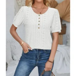 Sale Women's Lace Shirt Elegant Daily Ladies Short Sleeve Crew Neck Vacation Daily Going out Lace Buttons White Pink Blue Purple Summer Spring Fall Women Lace Tops