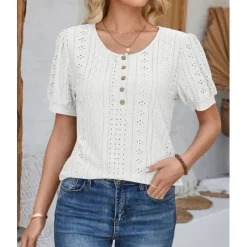 Sale Women's Lace Shirt Elegant Daily Ladies Short Sleeve Crew Neck Vacation Daily Going out Lace Buttons White Pink Blue Purple Summer Spring Fall Women Lace Tops