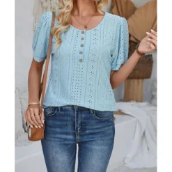 Sale Women's Lace Shirt Elegant Daily Ladies Short Sleeve Crew Neck Vacation Daily Going out Lace Buttons White Pink Blue Purple Summer Spring Fall Women Lace Tops