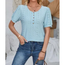 Sale Women's Lace Shirt Elegant Daily Ladies Short Sleeve Crew Neck Vacation Daily Going out Lace Buttons White Pink Blue Purple Summer Spring Fall Women Lace Tops