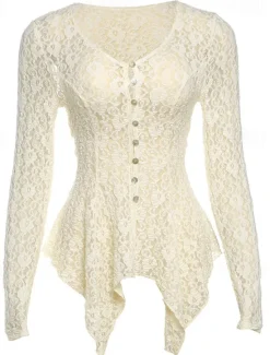 Online Women's Lace Shirt Elegant Bohemia Vintage Long Sleeve Plunging Neck Regular Tops Party Evening Wear Daily Holiday Lace Patchwork Black Apricot Summer Spring Fall Women Lace Tops|Blouses & Shirts