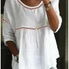 Women's Lace Shirt Linen-Inspired Shirts Eyelet top Long Cotton Top Plain Basic 3/4 Length Sleeve Round Neck Regular Tops Casual Lace Patchwork White Pink Women Shirts