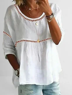 Women's Lace Shirt Linen-Inspired Shirts Eyelet top Long Cotton Top Plain Basic 3/4 Length Sleeve Round Neck Regular Tops Casual Lace Patchwork White Pink Women Shirts