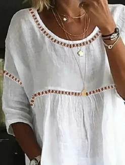 Women's Lace Shirt Linen-Inspired Shirts Eyelet top Long Cotton Top Plain Basic 3/4 Length Sleeve Round Neck Regular Tops Casual Lace Patchwork White Pink Women Shirts