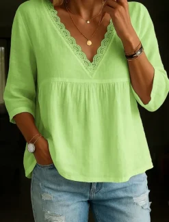 Hot Women's Lace Shirt Peplum Solid Color Stylish Casual 3/4 Length Sleeve V Neck Regular Tops Daily Lace Trim White Blue Green Beige Summer Spring Fall Women Lace Tops|Blouses & Shirts