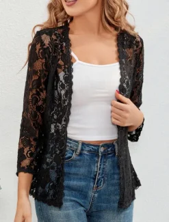 Clearance Women's Lace Shirt Solid Color Elegant Stylish Basic Long Sleeve V Neck Regular Tops Daily Lace Patchwork Black White Red Gray Summer Spring Women Lace Tops