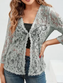Clearance Women's Lace Shirt Solid Color Elegant Stylish Basic Long Sleeve V Neck Regular Tops Daily Lace Patchwork Black White Red Gray Summer Spring Women Lace Tops