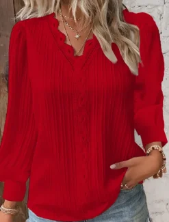 New Women's Lace Shirt Solid Color Elegant Stylish Basic Long Sleeve V Neck Regular Tops Daily Lace Patchwork White Red Purple Orange Green Summer Spring Fall Women Lace Tops