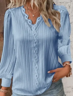 New Women's Lace Shirt Solid Color Elegant Stylish Basic Long Sleeve V Neck Regular Tops Daily Lace Patchwork White Red Purple Orange Green Summer Spring Fall Women Lace Tops