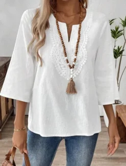Clearance Women's Lace Shirt Solid Color Stylish Casual 3/4 Length Sleeve V Neck Regular Tops Daily Lace Patchwork White Red Blue Gold Summer Spring Women Lace Tops
