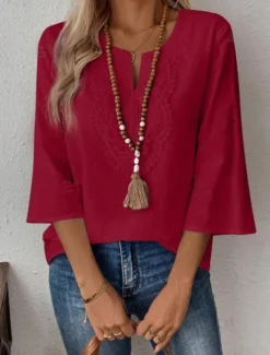 Clearance Women's Lace Shirt Solid Color Stylish Casual 3/4 Length Sleeve V Neck Regular Tops Daily Lace Patchwork White Red Blue Gold Summer Spring Women Lace Tops