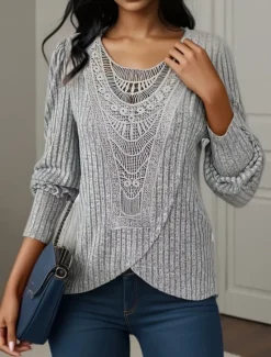 Sale Women's Lace Shirt Solid Color Stylish Casual Long Sleeve Crew Neck Regular Tops Daily Lace Patchwork Pink Blue Gray Summer Spring Fall Women Lace Tops