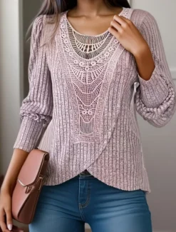 Sale Women's Lace Shirt Solid Color Stylish Casual Long Sleeve Crew Neck Regular Tops Daily Lace Patchwork Pink Blue Gray Summer Spring Fall Women Lace Tops