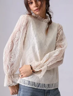 Outlet Women's Lace Shirt Solid Color Elegant Bohemia Vintage Long Sleeve High Neck Regular Tops Party Evening Wear Going out Beach Wear Embroidered Black White Apricot Spring, Fall, Winter, Summer Women Lace Tops