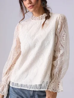 Outlet Women's Lace Shirt Solid Color Elegant Bohemia Vintage Long Sleeve High Neck Regular Tops Party Evening Wear Going out Beach Wear Embroidered Black White Apricot Spring, Fall, Winter, Summer Women Lace Tops