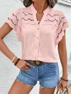 Best Women's Lace Shirt Solid Color Stylish Casual Short Sleeve V Neck Regular Tops Daily Lace Patchwork Buttons Black Pink Sky Blue Green Apricot Summer Women Lace Tops