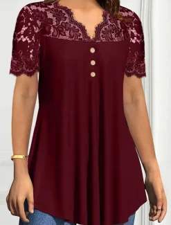 Clearance Women's Lace Shirt Solid Color Stylish Casual Short Sleeve V Neck Regular Tops Daily Lace Patchwork Buttons Black Wine Purple Summer Spring Women Lace Tops