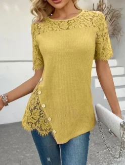Best Women's Lace Shirt Solid Color Stylish Casual Short Sleeve Crew Neck Regular Tops Daily Lace Patchwork Pink Purple Gold Green Khaki Summer Women Lace Tops