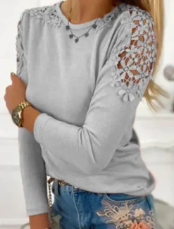 Best Women's Lace Shirt Solid Color Stylish Casual Long Sleeve Crew Neck Regular Tops Daily Lace Patchwork Black Pink Blue Gray Summer Women Lace Tops