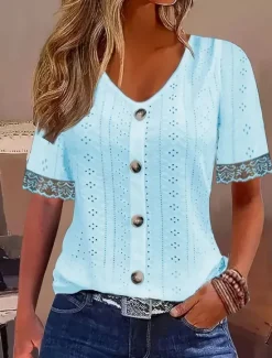 Clearance Women's Lace Shirt Solid Color Stylish Casual Beach Short Sleeve V Neck Regular Tops Daily Lace Patchwork Buttons White Sky Blue Summer Women Lace Tops