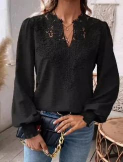 Online Women's Lace Shirt Stylish Lace Long Sleeve Regular Tops V Neck Work Fall Winter Women Lace Tops