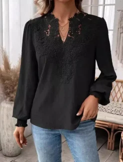 Online Women's Lace Shirt Stylish Lace Long Sleeve Regular Tops V Neck Work Fall Winter Women Lace Tops