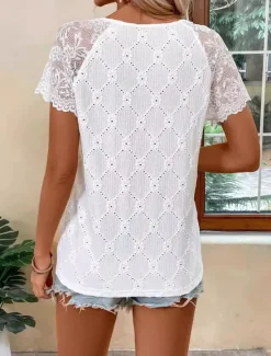Women's Lace Splicing Top Hawaiian Short Sleeve V Neck Regular Tops Lace Summer Spring Women Lace Tops