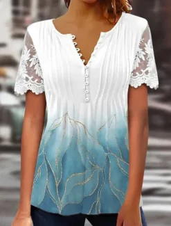 Women's Lace Splicing Top Graphic Flowers Elegant Bohemia Fashion Short Sleeve Flutter Sleeve Round Neck Regular Tops Daily Weekend Vacation Wear Lace Patchwork Print White Light Green Navy Blue Blue Women Boho Tops